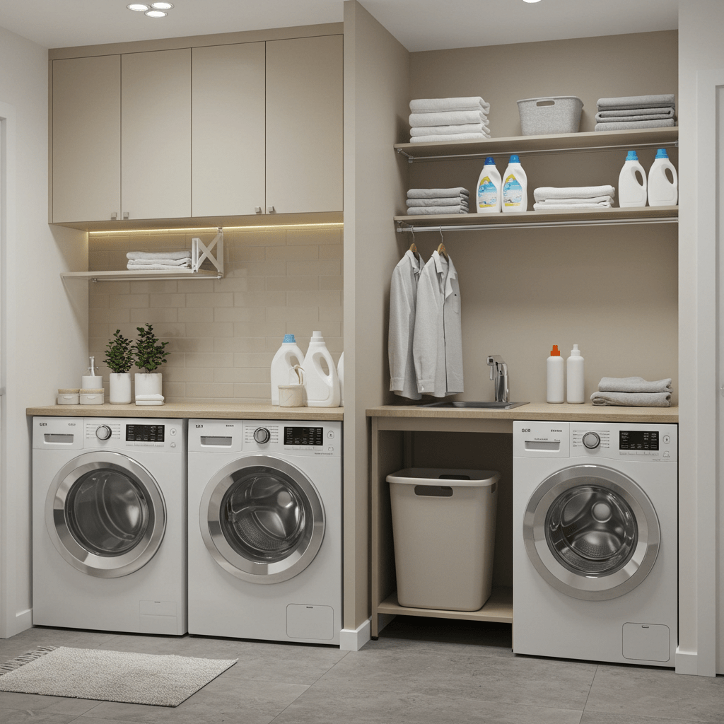 Šiuolaikiška skalbykla su atskira skalbykle ir džiovykle bei vienu integruotu įrenginiu kompaktiškoje namų erdvėje.